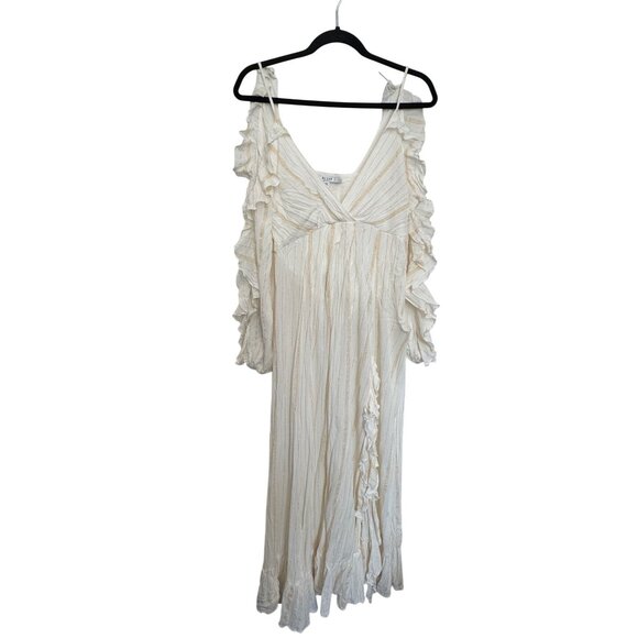 Guess Boho Maxi Dress Women Medium White Ruffle Sleeves Striped Made In India - Picture 1 of 8